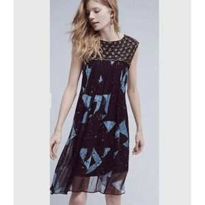 Moulinette Soeurs Anthropologie Lydia Beaded Print Cocktail Dress Black Size 8